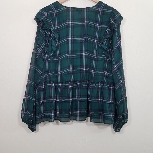 Torrid Plaid Long Sleeve V-Neck Top Blouse Ruffle Green Size 3 - Picture 4 of 5